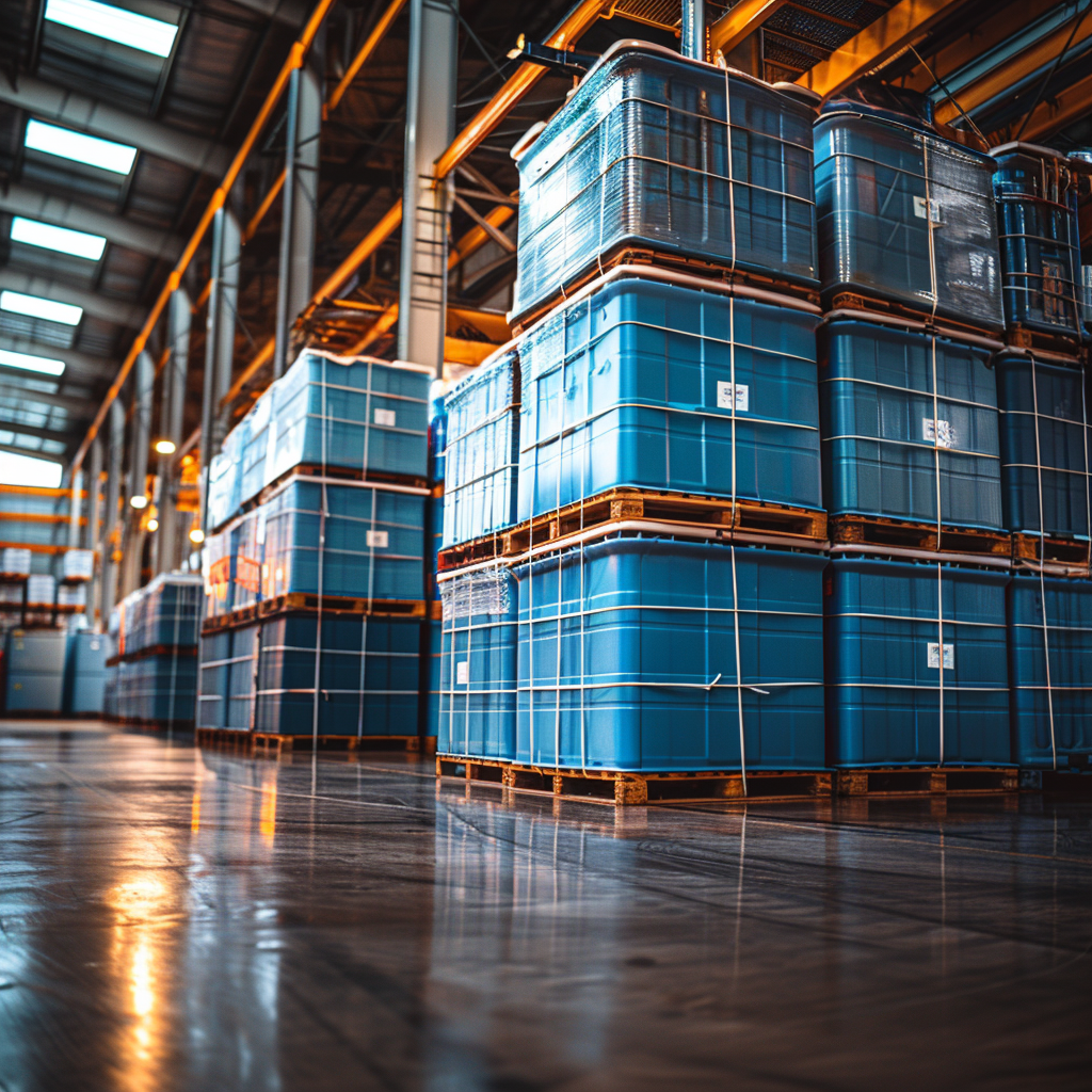 viele 1000_liter_IBCs_gestappelt in einer Halle mit Regalen Sichern Sie sich jetzt unseren 1000-Liter-IBC-Container mit hochwertigem Glykol für nur 899 €