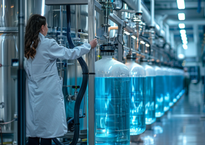 Herstellung von Glykol in großen durchsichtigen Behälter mit blauer Flüssigkeit und eine Industrielle Abfüllanlage