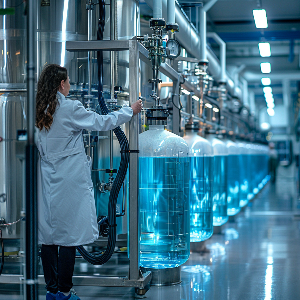 gregorradke_create_a_photo_of_3_IBCs_standing_in_a_hall_with_la_e6b83448-f774-498a-a840-bb027f88607f Herstellung von Glykol in großen durchsichtigen Behälter mit blauer Flüssigkeit und eine Industrielle Abfüllanlage